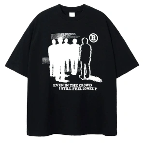 Beyaz Lonely Baskılı Bisiklet Yaka Oversize Erkek Tişört