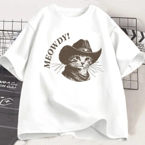 Beyaz Meowdy Kovboy Kediler Vintage Kovboy Kedi 90s Komik Sevimli Yavru Kedi