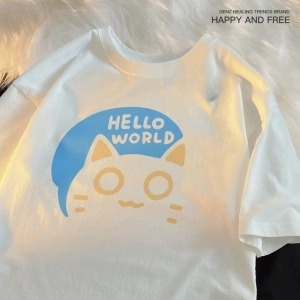 Beyaz Merhaba Dünya Yaz Trendy Gevşek Kodu İtiraf Eğlenceli Çift Yarım Koll