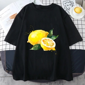 Beyaz Meyve nar Harajuku karikatür limon baskı beyaz eğilim o-boyun anlar rah