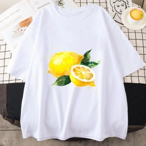 Beyaz Meyve nar Harajuku karikatür limon baskı beyaz eğilim o-boyun anlar rah