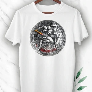 Beyaz Mitoloji Savaşçı Figürü Baskılı Unısex Tişört