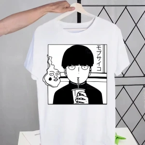 Beyaz Mob Psycho 100 Shigeo Kageyama Retro Yıkanmış Tees Tops Harajuku Bir Anime Mang