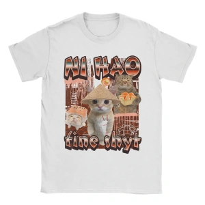 Beyaz Ni Hao Ince Shyt Meme Tee lar için Baskılı Komik Kedi Bootleg kıyaf