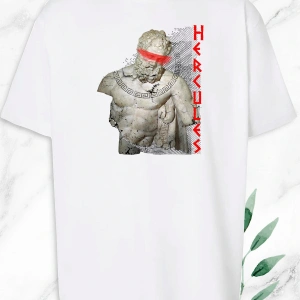 Beyaz Oversize Mitoloji Herkül Herakles Heykel Baskılı Tişört