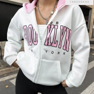 Beyaz Pembe Kapüşonlu Fermuarli Brooklyn Oversize