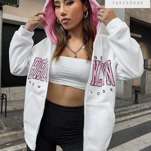 Beyaz Pembe Kapüşonlu Fermuarli Brooklyn Oversize