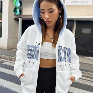 Beyaz Pembe Kapüşonlu Fermuarli Brooklyn Oversize