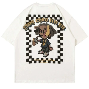 Beyaz Pixel Karikatür Baskılı Bisiklet Yaka Oversize Erkek Tişört