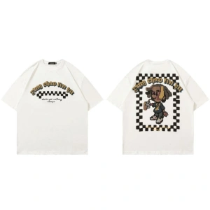 Beyaz Pixel Karikatür Baskılı Bisiklet Yaka Oversize Erkek Tişört