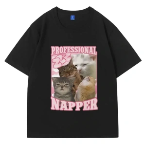 Beyaz Profesyonel Napper Komik Kedi Meme üyük Boy Tshirt Vintage Es