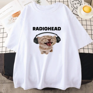 Beyaz Radiohead Kedi Karikatür Baskı /Erkek ahar Pam