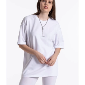 Beyaz Renkli, Düz, Kısa Kollu Boyfriend Örme T-shirt