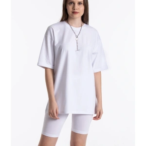 Beyaz Renkli, Düz, Kısa Kollu Boyfriend T-shirt Ve Biker Tayt Takım