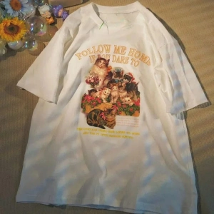 Beyaz Renkli Yavru Baskı Ekip Boyun harajuku Y2k üyük Boy