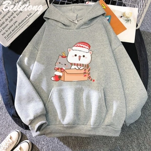 Beyaz Şeftali ve Goma Mochi Kedi Hoodie Streetweed Noel Baskılı Kawaii