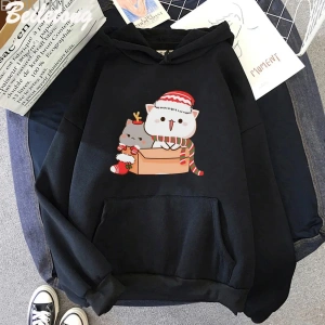 Beyaz Şeftali ve Goma Mochi Kedi Hoodie Streetweed Noel Baskılı Kawaii