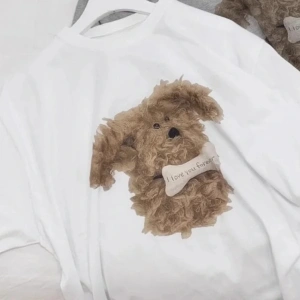 Beyaz Sevimli Köpek Desen Baskılı Gevşek Yuvarlak Ne Ort Sve Basit Yeni Sle Rah