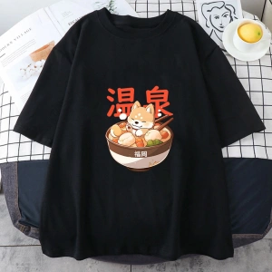 Beyaz Shiba Inu Keyifli Ramen Erişte Baskılı Kawaii Karikatür Üstleri Yaz