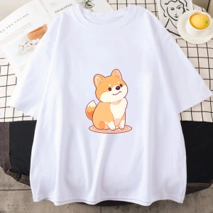 Beyaz Shiba Inu ve Yeni Yaz Yuvarlak Yaka Sevimli Köpek Desen Baskılı Trend