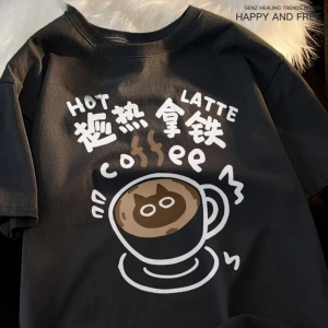 Beyaz Sıcak Latte Kahve Kedi Komedi Bahar Kedi Omuz Damla Japon Tarzı Çift