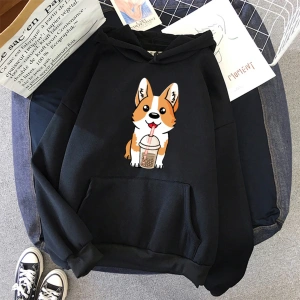 Beyaz Süt çay bardağı Corgi moda Unisex Hoodies bahar sonbaharrahat Hoodies öğrenci