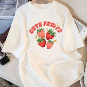 Beyaz Taze Çilek Meyve Baskılar Sokak Yaz Tees Serin Nefes Spor