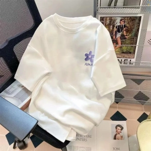 Beyaz Trendy Yaz Beş Kollu Üst Mor Çiçek Baskı Basit Çok Yönlü Bisiklet Yaka Üst Mor Çiçek G