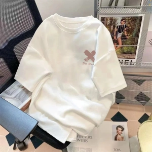 Beyaz Trendy Yaz Beş Kollu Üst Mor Çiçek Baskı Basit Çok Yönlü Bisiklet Yaka Üst Mor Çiçek G