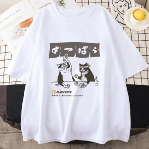 Beyaz Tshirt Streetwear japon Harajuku komik içme kedi yaz karikatür T S