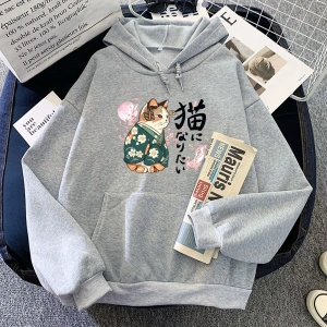 Beyaz Ukiyoe tarzı Kanji kediHoodies japon çiçeği Sakura grafik rahat lar