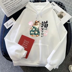Beyaz Ukiyoe tarzı Kanji kediHoodies japon çiçeği Sakura grafik rahat lar