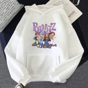 Beyaz Unisex Bratz Hoodie Rahat Kalın bratz Elbise udadera Japon Sokak Şıklığı
