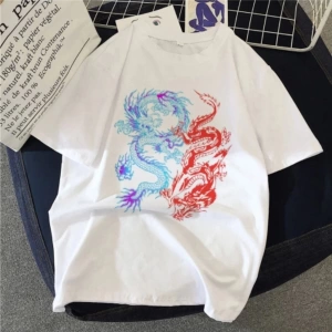 Beyaz Unisex Çift Dragon Baskılı Oversize Bisiklet Yaka T-shirt