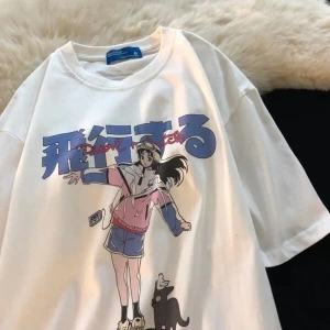 Beyaz Unisex Çince Yazılı Kedi Tişört
