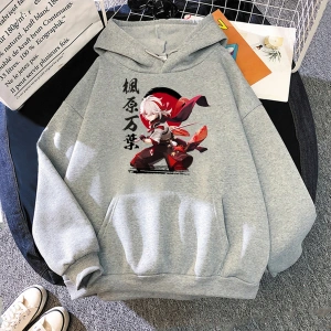 Beyaz Unisex Genshin darbeli kapüşonlu üst Kaedehara Kazuha baskı Hoody karakter aktif ka