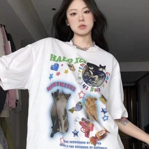 Beyaz Unisex Halo Kedi Kolaj Tişört