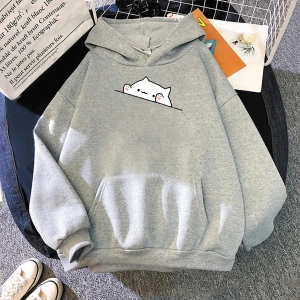 Beyaz Unisex Hoodie sevimli rahat karikatür kedi baskı moda kore tarzı gevşekk