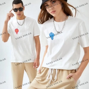 Beyaz Unisex Ikili Ateş Ve Su Baskılı Sevgili Çift Bisiklet Yaka Oversize
