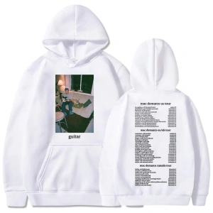 Beyaz Unisex Mac DeMarco Gitar Turu Rahat Kapşonlu Moda Şarkıcı Grafik