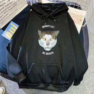 Beyaz Unisex Meme KEDI Komik Grafik Kapüşonlular Pazartesi Beni Kırık Şarkı Bırak Hop ErkekKa