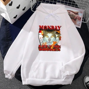 Beyaz Unisex Pazartesi sol bana kırık kedi Meme kapşonlu Streetwear Hip Hop rah