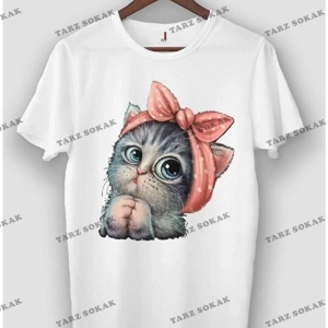 Beyaz Unisex Sevimli Minik Kedi Baskılı Pamuk Bisiklet Yaka Boyfriend Örme Oversize