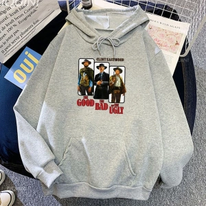 Beyaz Unisex Streetwear grafik TV iyi kötü ve çirkin baskı kapşonlu Casual er