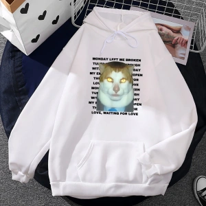 Beyaz Unisex Streetwear Ropa Hombre Meme kedi pazartesi sol bana kırık rahat kı