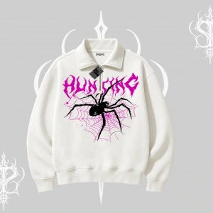 Beyaz Yarım Fermuarlı Sweatshirt Autumn Spider