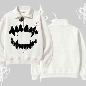 Beyaz Yarım Fermuarlı Sweatshirt Vampir Dış