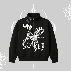 Beyaz Yarım Fermuarlı Sweatshirt Why are u Scared