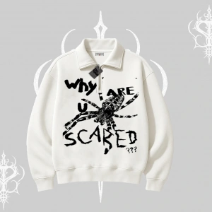 Beyaz Yarım Fermuarlı Sweatshirt Why are u Scared