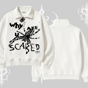 Beyaz Yarım Fermuarlı Sweatshirt Why are u Scared